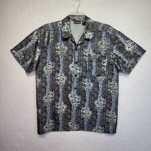 ODO Shirt Mens Large Black Geometric Dragon Button Up Vintage Y2K 90s